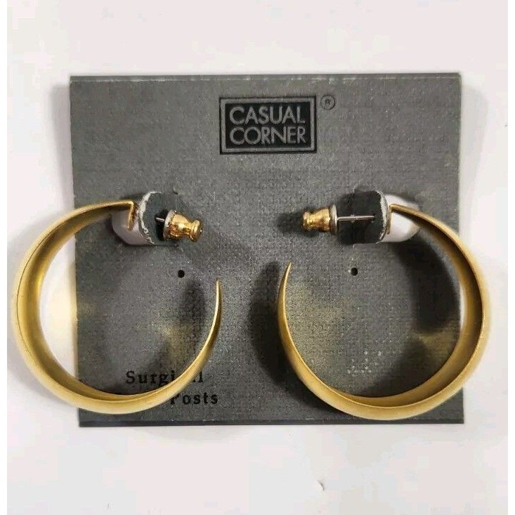 Vtg Casual Corner Large Hoop Gold Tone Earrings Surgical Steel Posts Pierced New 10$